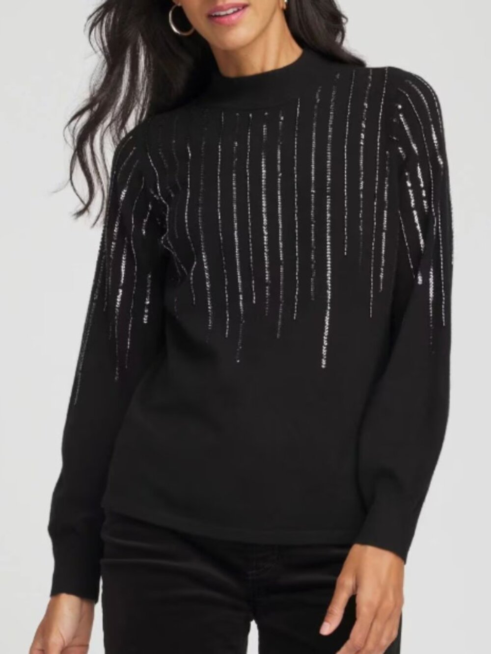 Chico’s Sequin Mock Neck Cashmere Blend Sweater Black L NWOT